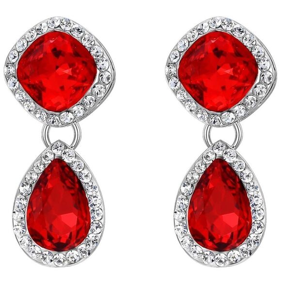 Silver with Ruby Red and Diamond Austrian Crystal Rhombus Teardrop Post Earrings - Picture 1 of 5